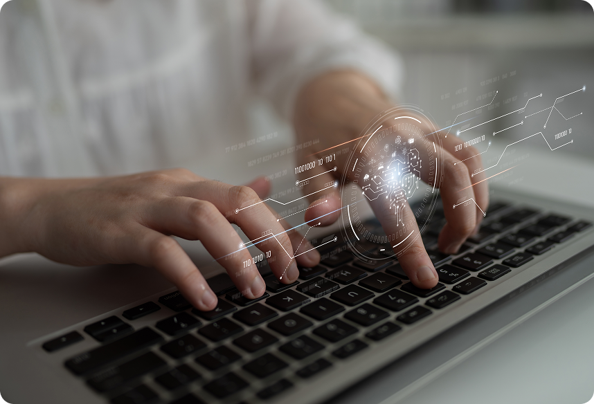 Typing on laptop with high-tech overlay