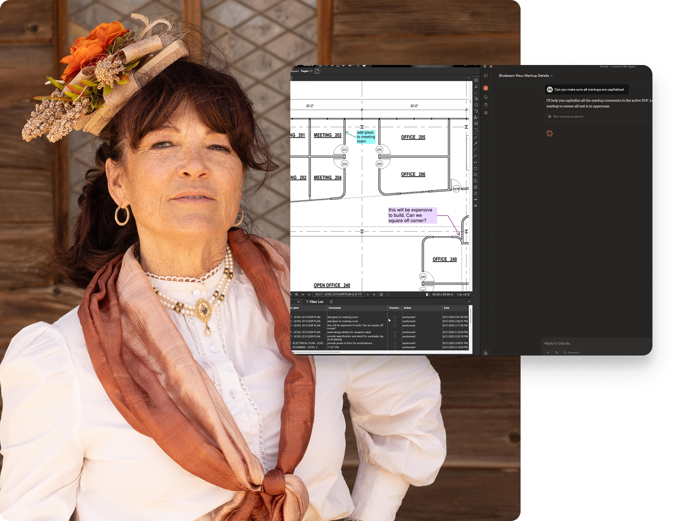 Woman in western clothing with screenshot of Bluebeam Revu overlaid