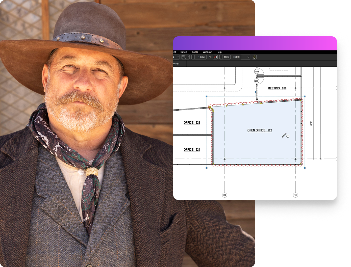 Cowboy with screenshot of Bluebeam Revu overlaid