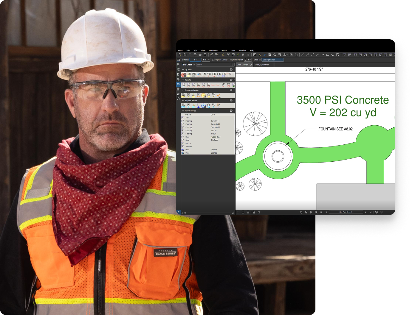 Construction worker with western scarf and Bluebeam Revu overlaid