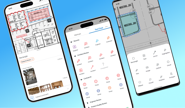 Three different phones showcasing Bluebeam on mobile