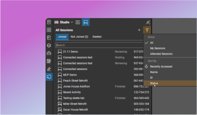 Showcasing the Studio Sessions panel in Bluebeam Revu